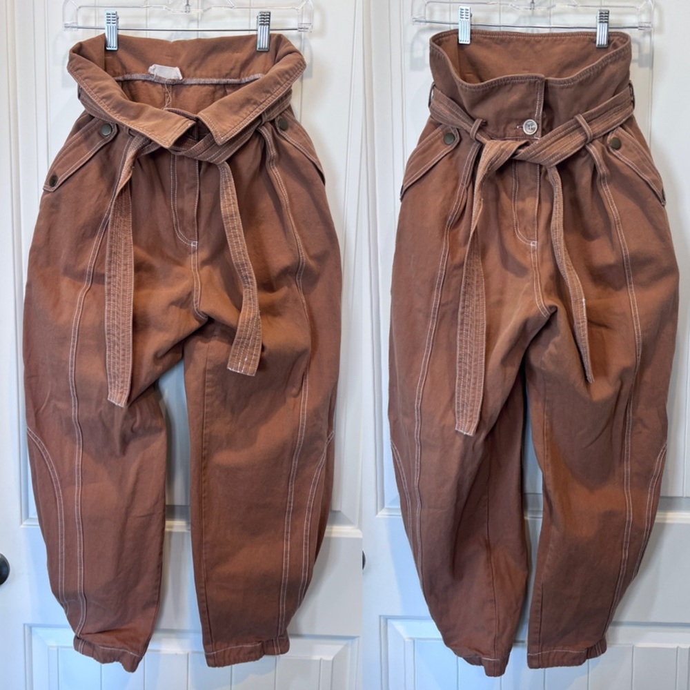 High-Waist Paperbag Baggy Pants Brown 4 Pockets Waist Approximately 27”-28”